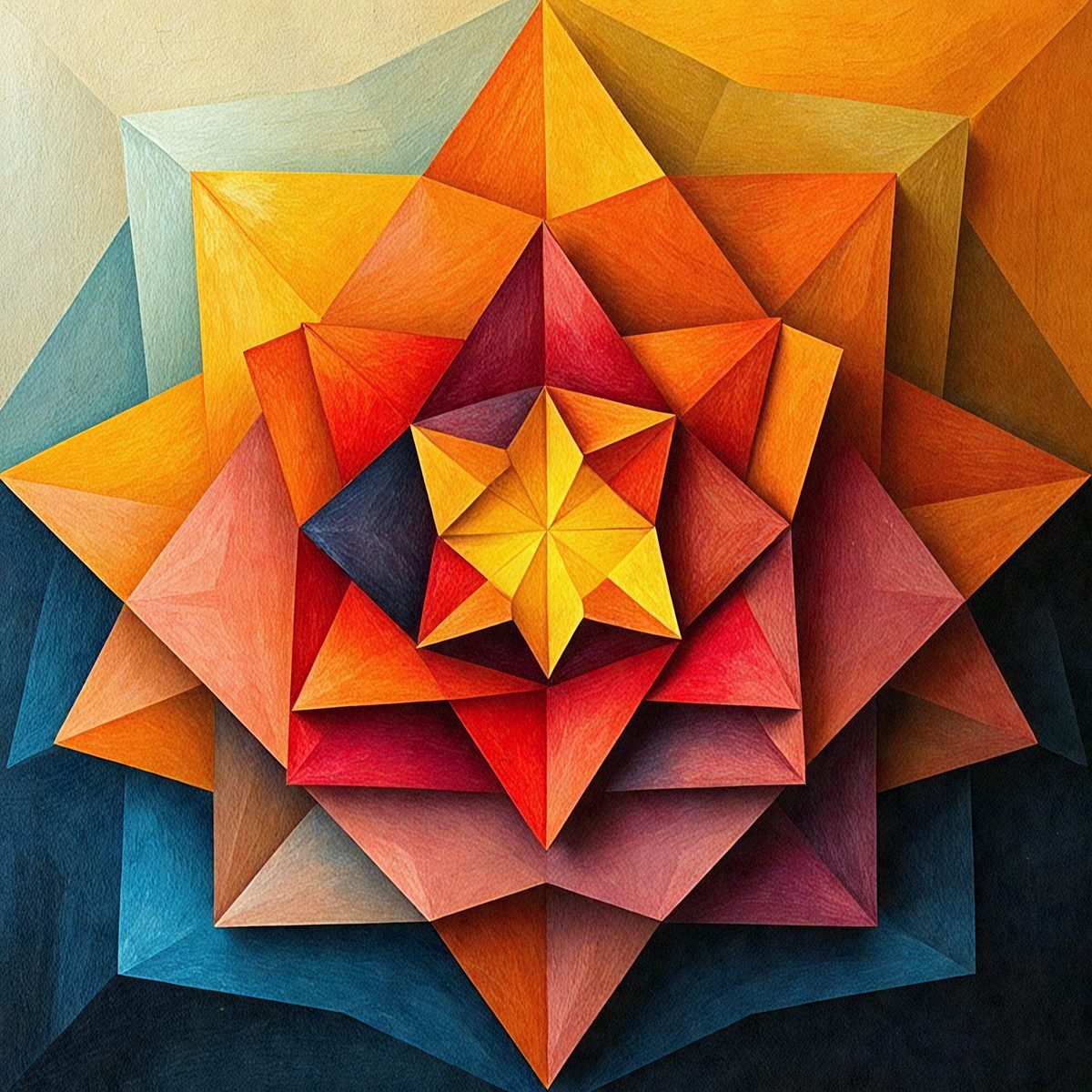 The primary subject of the image is a colorful, geometric artwork featuring a large, central star shape. The setting is a blue background, which contrasts with the vibrant colors of the artwork. The visual style is a combination of digital art and illustration, creating a unique and eye-catching design. The dominant colors are orange, red, and yellow, which contribute to a warm and lively atmosphere.